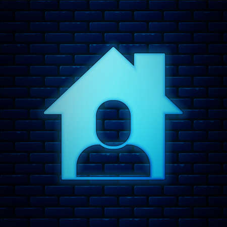 Glowing neon Online working icon isolated on brick wall background. Freelancer man working on laptop at his house. Remote work. Distant job concept. Vectorのイラスト素材