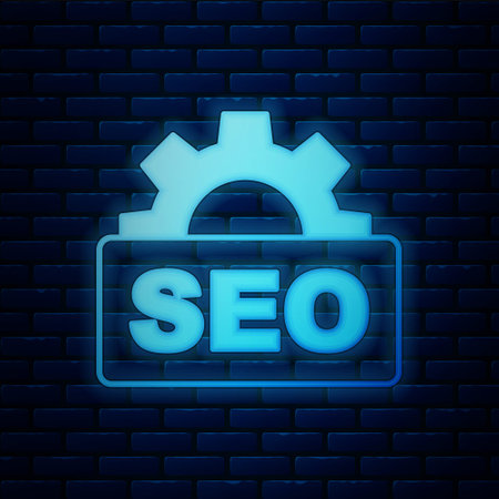 Glowing neon SEO optimization icon isolated on brick wall background. Vectorのイラスト素材