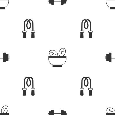 Set Dumbbell, Salad in bowl and Jump rope on seamless pattern. Vectorのイラスト素材