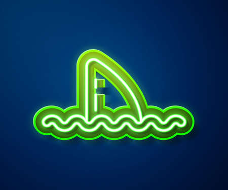 Glowing neon line Shark fin in ocean wave icon isolated on blue background. Vectorのイラスト素材