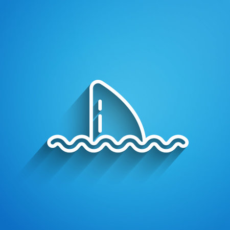 White line Shark fin in ocean wave icon isolated on blue background. Long shadow. Vectorのイラスト素材