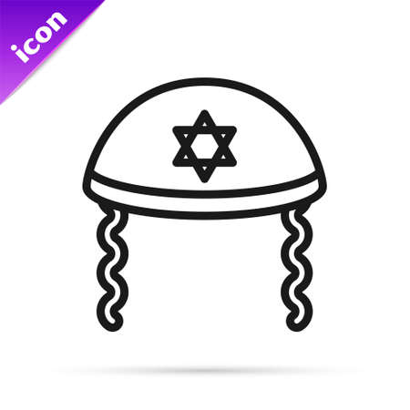 Black line Jewish kippah with star of david and sidelocks icon isolated on white background. Jewish yarmulke hat. Vectorのイラスト素材