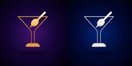 Gold and silver Martini glass icon isolated on black background. Cocktail icon. Wine glass icon....