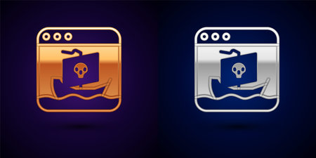 Gold and silver Internet piracy icon isolated on black background. Online piracy. Cyberspace crime with file download and movies sharing. Vectorのイラスト素材