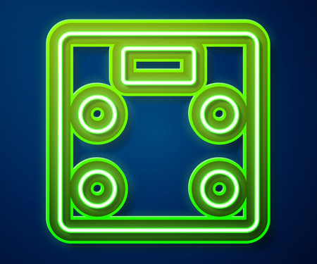 Glowing neon line Bathroom scales icon isolated on blue background. Weight measure Equipment. Weight Scale fitness sport concept. Vectorのイラスト素材