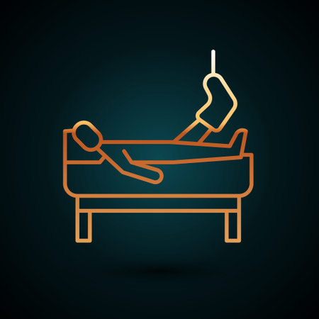 Gold line Patient with broken leg is in the hospital icon isolated on dark blue background. Hospitalization of the patient. Sick man in bed. Vectorのイラスト素材