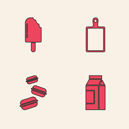 Set Paper package for milk, Ice cream, Cutting board and Macaron cookie icon. Vectorのイラスト素材