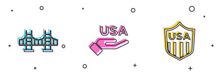 Set Golden gate bridge, USA Independence day and Shield with stripes icon. Vector