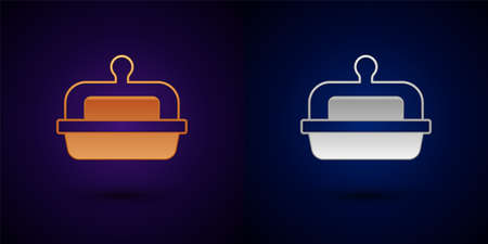 Gold and silver Butter in a butter dish icon isolated on black background. Butter brick on plate. Milk based product. Natural dairy product. Vectorのイラスト素材
