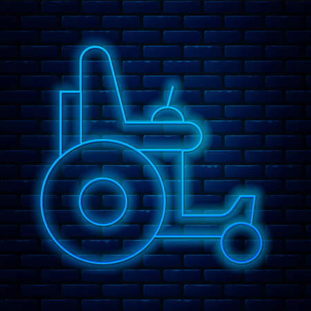 Glowing neon line Electric wheelchair for disabled people icon isolated on brick wall background. Mobility scooter icon. Vectorのイラスト素材