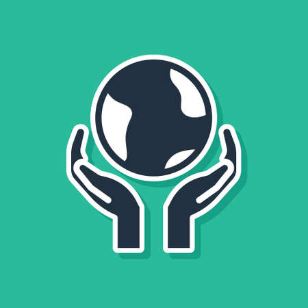 Blue Human hands holding Earth globe icon isolated on green background. Save earth concept. Vectorのイラスト素材