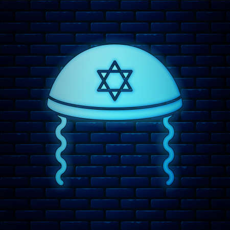 Glowing neon Jewish kippah with star of david and sidelocks icon isolated on brick wall background. Jewish yarmulke hat. Vectorのイラスト素材