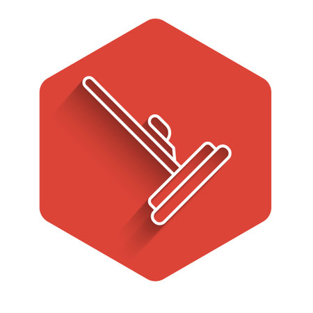 White line Mop icon isolated with long shadow. Cleaning service concept. Red hexagon button. Vectorのイラスト素材