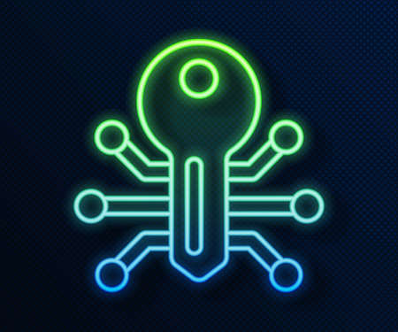 Glowing neon line Smart key icon isolated on blue background. Vectorのイラスト素材