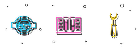 Set Water meter, Test tube with water drop and Wrench spanner icon. Vectorのイラスト素材