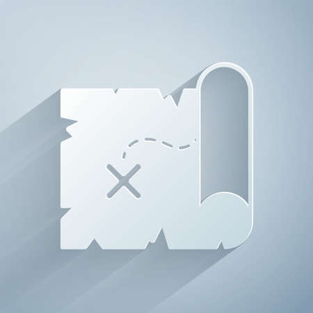 Paper cut Pirate treasure map icon isolated on grey background. Paper art style. Vectorのイラスト素材