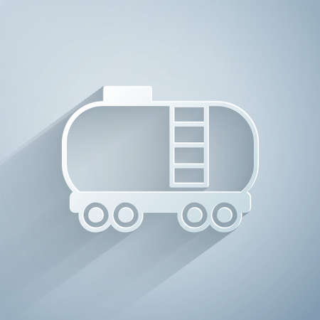 Paper cut Oil railway cistern icon isolated on grey background. Train oil tank on railway car. Rail freight. Oil industry. Paper art style. Vectorのイラスト素材