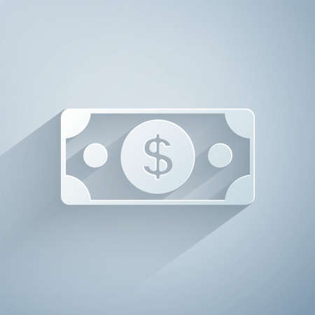 Paper cut Stacks paper money cash icon isolated on grey background. Money banknotes stacks. Bill currency. Paper art style. Vectorのイラスト素材