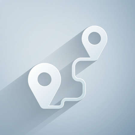 Paper cut Route location icon isolated on grey background. Map pointer sign. Concept of path or road. GPS navigator. Paper art style. Vectorのイラスト素材