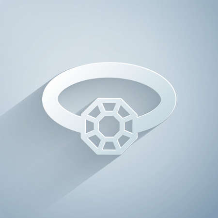 Paper cut Diamond engagement ring icon isolated on grey background. Paper art style. Vectorのイラスト素材
