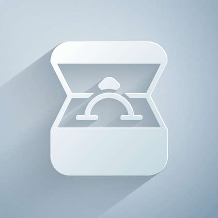 Paper cut Diamond engagement ring in a box icon isolated on grey background. Paper art style. Vectorのイラスト素材