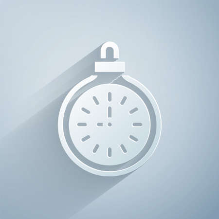 Paper cut Pocket watch icon isolated on grey background. Paper art style. Vectorのイラスト素材