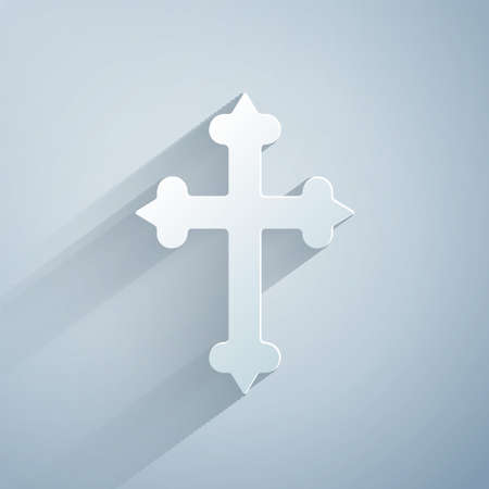 Paper cut Christian cross icon isolated on grey background. Church cross. Paper art style. Vectorのイラスト素材