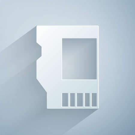 Paper cut SD card icon isolated on grey background. Memory card. Adapter icon. Paper art style. Vectorのイラスト素材