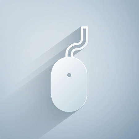 Paper cut Computer mouse icon isolated on grey background. Optical with wheel symbol. Paper art style. Vectorのイラスト素材