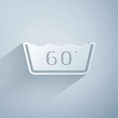 Paper cut Washing under 60 degrees celsius icon isolated on grey background. Temperature wash. Paper art style. Vectorのイラスト素材