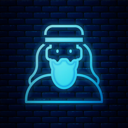 Glowing neon Muslim man icon isolated on brick wall background. Vectorのイラスト素材