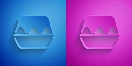 Paper cut Chicken egg in box icon isolated on blue and purple background. Paper art style. Vectorのイラスト素材