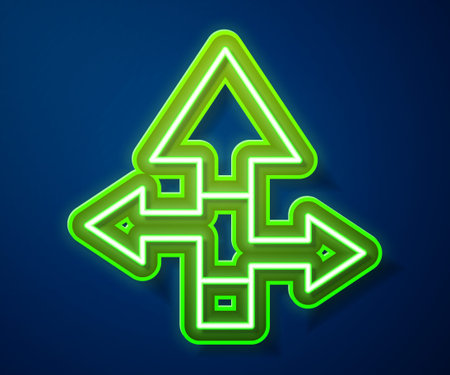 Glowing neon line Arrow icon isolated on blue background. Direction Arrowhead symbol. Navigation...