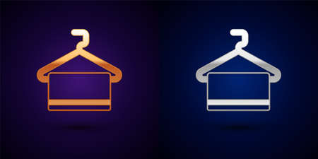 Gold and silver Towel on hanger icon isolated on black background. Bathroom towel icon. Vectorのイラスト素材