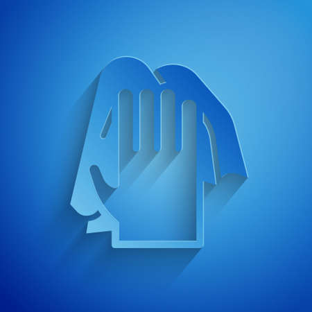 Paper cut Cleaning service icon isolated on blue background. Latex hand protection sign. Housework cleaning equipment symbol. Paper art style. Vectorのイラスト素材