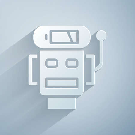 Paper cut Robot low battery charge icon isolated on grey background. Artificial intelligence, machine learning, cloud computing. Paper art style. Vectorのイラスト素材