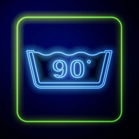 Glowing neon Washing under 90 degrees celsius icon isolated on blue background. Temperature wash. Vectorのイラスト素材