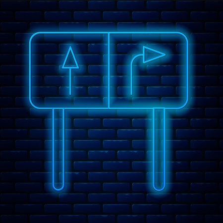 Glowing neon line Road traffic sign. Signpost icon isolated on brick wall background. Pointer symbol. Isolated street information sign. Direction sign. Vectorのイラスト素材
