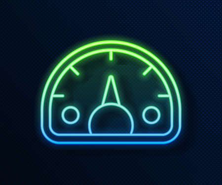 Glowing neon line Speedometer icon isolated on blue background. Vectorのイラスト素材