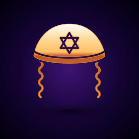 Gold Jewish kippah with star of david and sidelocks icon isolated on black background. Jewish yarmulke hat. Vectorのイラスト素材