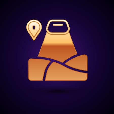 Gold Map pointer with mountain icon isolated on black background. Mountains travel icon. Vectorのイラスト素材