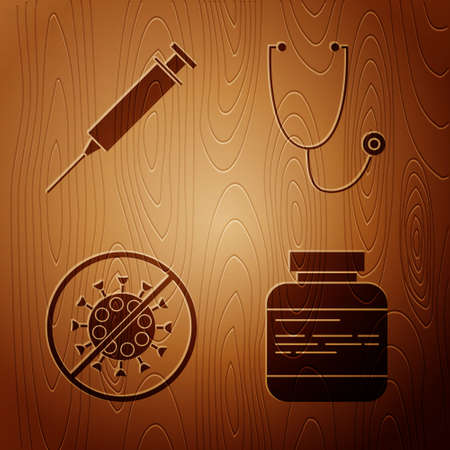Set Medicine bottle and pills, Syringe, Stop virus and Stethoscope on wooden background. Vectorのイラスト素材