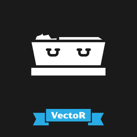 White Open coffin with dead deceased body icon isolated on black background. Funeral after death. Corpse in an open hearse for burial. Vectorのイラスト素材