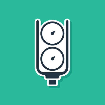 Blue Gauge scale icon isolated on green background. Satisfaction, temperature, manometer, risk, rating, performance, speed tachometer. Vectorのイラスト素材
