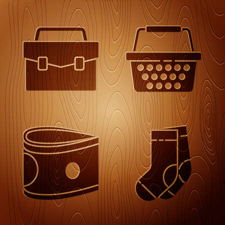 Set Socks, Briefcase, Stacks paper money cash and Shopping basket on wooden background. Vectorのイラスト素材