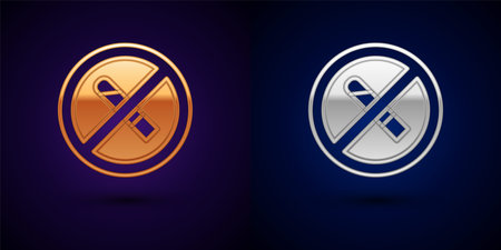 Gold and silver No Smoking icon isolated on black background. Cigarette symbol. Vectorのイラスト素材