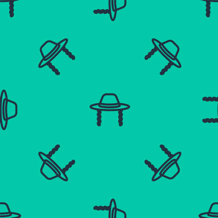 Blue line Orthodox jewish hat with sidelocks icon isolated seamless pattern on green background. Jewish men in the traditional clothing. Judaism symbols. Vectorのイラスト素材