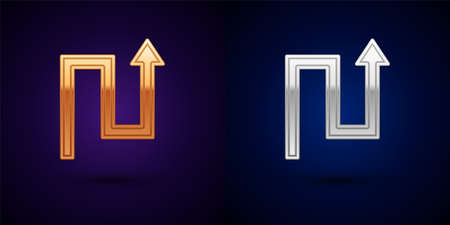 Gold and silver Arrow icon isolated on black background. Direction Arrowhead symbol. Navigation pointer sign. Vectorのイラスト素材