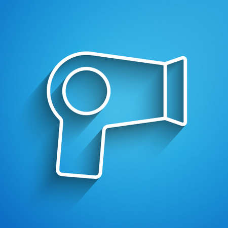 White line Hair dryer icon isolated on blue background. Hairdryer sign. Hair drying symbol. Blowing hot air. Long shadow. Vectorのイラスト素材