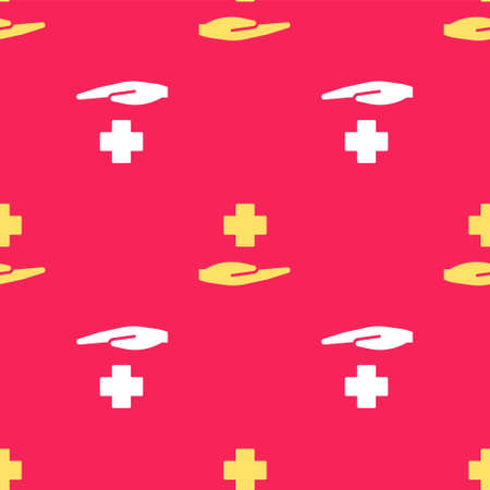 Yellow Cross hospital medical icon isolated seamless pattern on red background. First aid. Diagnostics symbol. Medicine and pharmacy sign. Vector Illustrationのイラスト素材